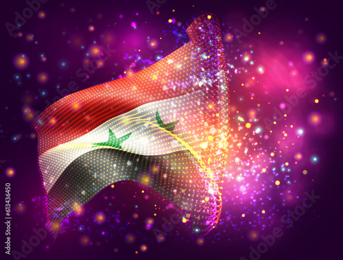 Syria, vector 3d flag on pink purple background with lighting and flares
