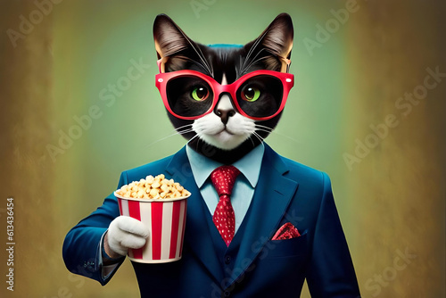 cat with stereo glasses eating popcorn and a drinks coke at the movies on a blue background