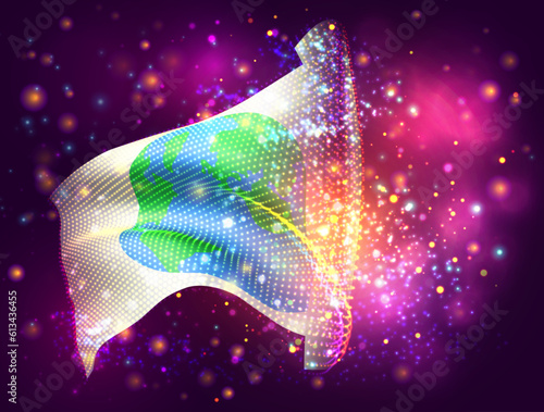 World map, on vector 3d flag on pink purple background with lighting and flares