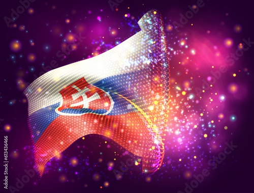 Slovakia, vector 3d flag on pink purple background with lighting and flares
