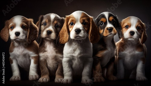 Group of puppies, a group shot of five lovely pups, Generative AI