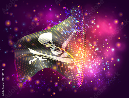 Pirate, on vector 3d flag on pink purple background with lighting and flares