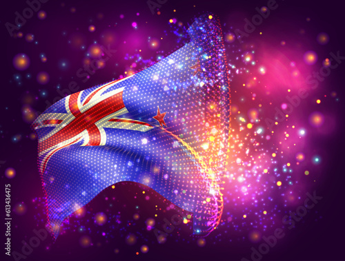 new Zealand, vector 3d flag on pink purple background with lighting and flares