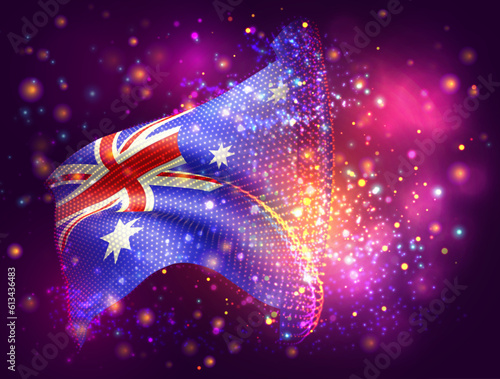 Australia, vector 3d flag on pink purple background with lighting and flares