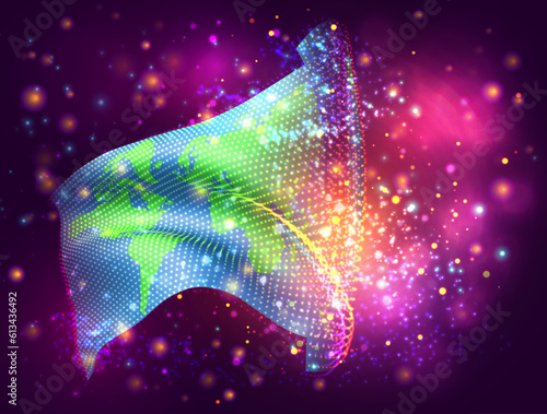 World map, on vector 3d flag on pink purple background with lighting and flares