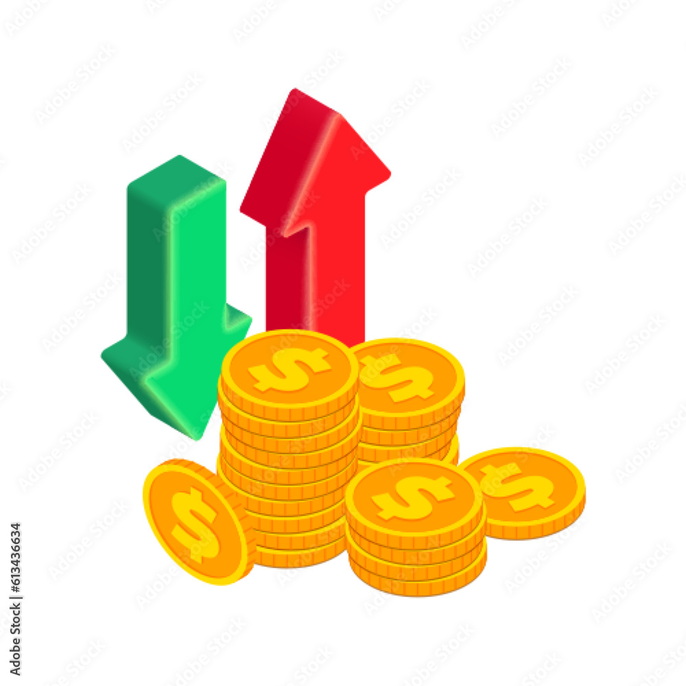Isometric Vector currency exchange icon. Gold dollar coin stack with