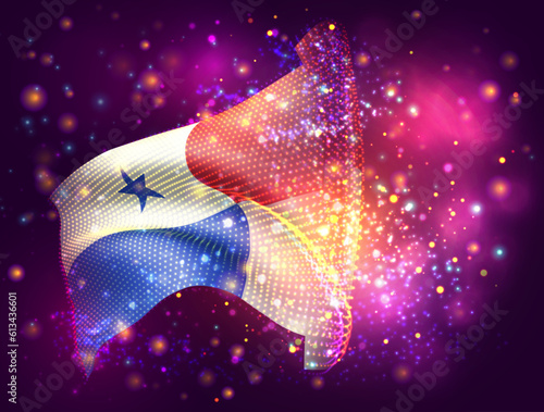 Panama, vector 3d flag on pink purple background with lighting and flares