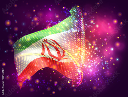 Iran, vector 3d flag on pink purple background with lighting and flares