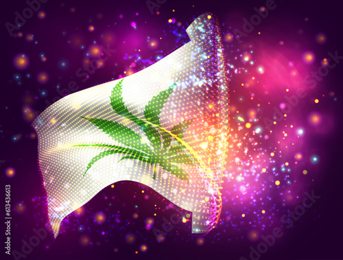 Сannabis, on vector 3d flag on pink purple background with lighting and flares