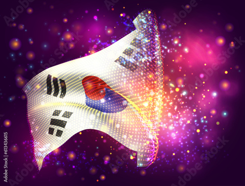 Korea, vector 3d flag on pink purple background with lighting and flares