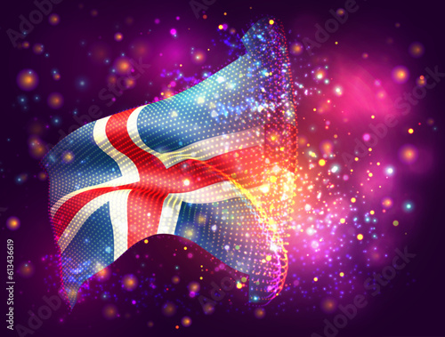 Iceland, vector 3d flag on pink purple background with lighting and flares