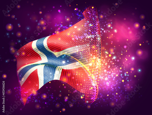 Norway, vector 3d flag on pink purple background with lighting and flares