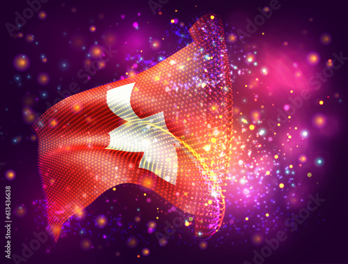 Switzerland, vector 3d flag on pink purple background with lighting and flares