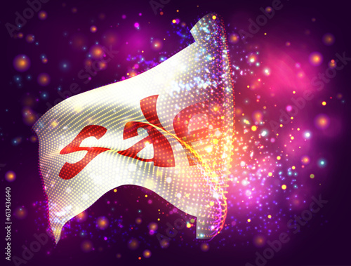 Discount, on vector 3d flag on pink purple background with lighting and flares