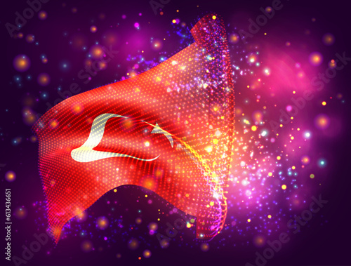 Turkey, vector 3d flag on pink purple background with lighting and flares