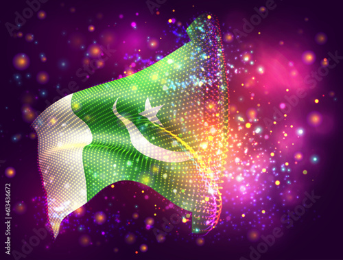 Pakistan, vector 3d flag on pink purple background with lighting and flares