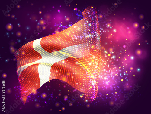 Denmark, vector 3d flag on pink purple background with lighting and flares