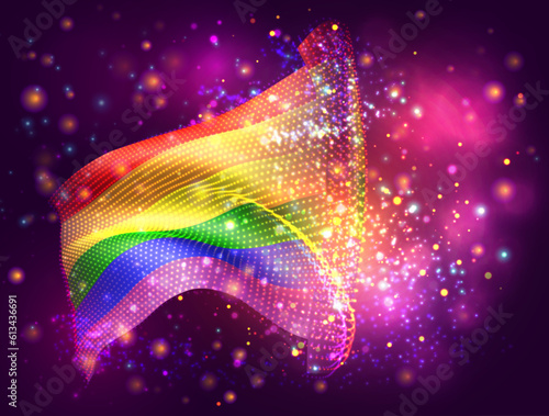 Rainbow, vector 3d flag on pink purple background with lighting and flares