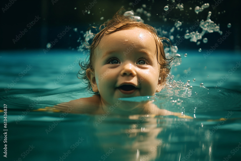 baby in pool having fun with swimming during summer
