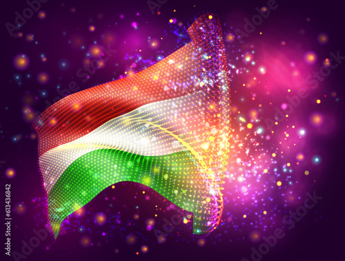 Hungary, vector 3d flag on pink purple background with lighting and flares