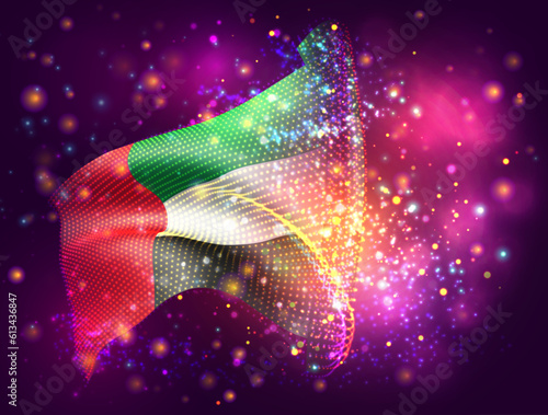 United Arab Emirates, vector 3d flag on pink purple background with lighting and flares