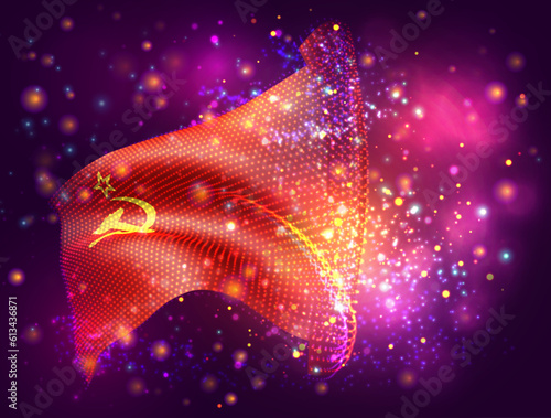 USSR, vector 3d flag on pink purple background with lighting and flares