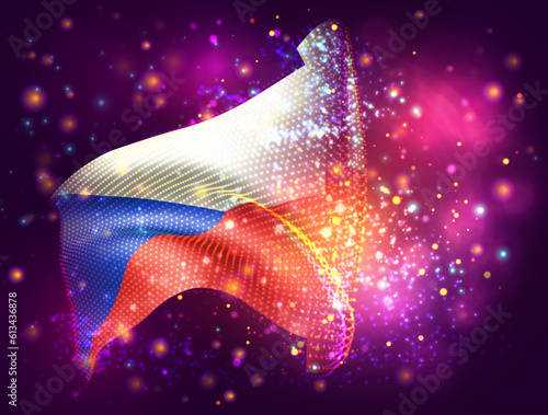 Czech Republic, vector 3d flag on pink purple background with lighting and flares