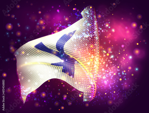 Yen, on vector 3d flag on pink purple background with lighting and flares