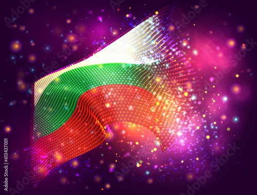 Bulgaria, vector 3d flag on pink purple background with lighting and flares