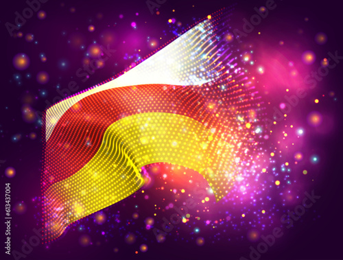 South Ossetia, vector 3d flag on pink purple background with lighting and flares