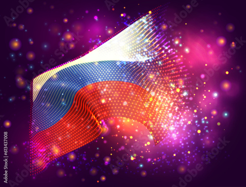 Russia, vector 3d flag on pink purple background with lighting and flares