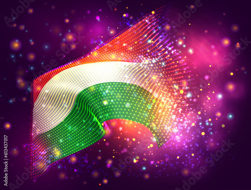 Hungary, vector 3d flag on pink purple background with lighting and flares