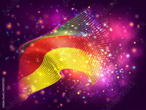South Ossetia, vector 3d flag on pink purple background with lighting and flares