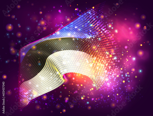 Estonia, vector 3d flag on pink purple background with lighting and flares