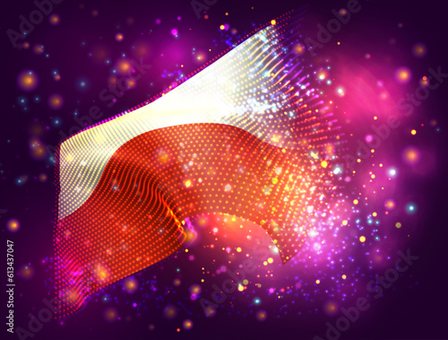 Poland, vector 3d flag on pink purple background with lighting and flares