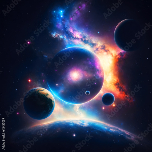 Fantastic planets in the outer space of the universe. AI-generated image © Елена Смыкова