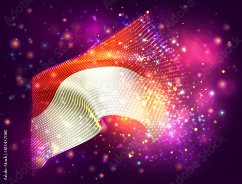 Indonesia, Monaco, vector 3d flag on pink purple background with lighting and flares