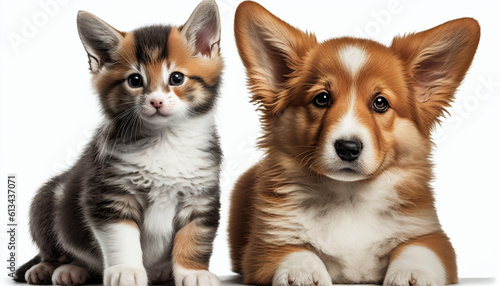 A kitten and a puppy sit together on a white background, Generative AI