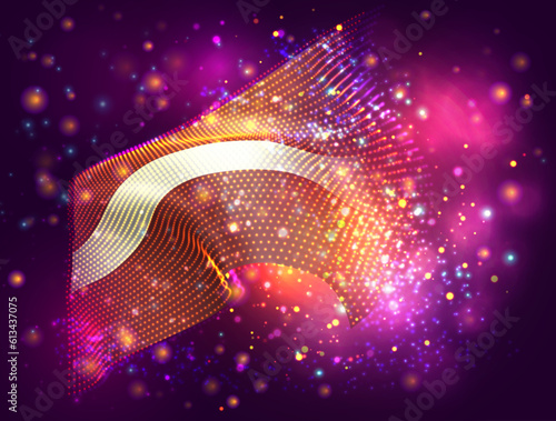 Latvia, vector 3d flag on pink purple background with lighting and flares