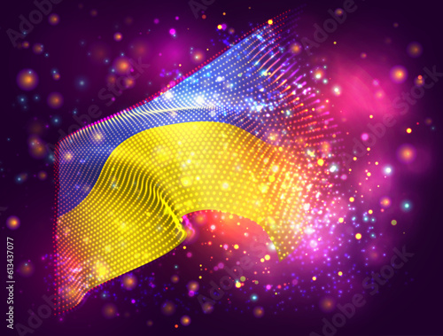 Ukraine, vector 3d flag on pink purple background with lighting and flares