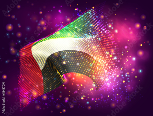 United Arab Emirates, vector 3d flag on pink purple background with lighting and flares