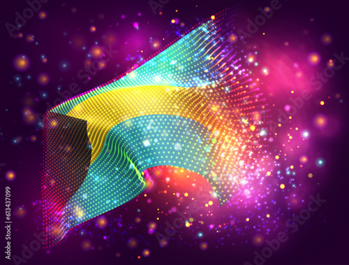 Bahamas, vector 3d flag on pink purple background with lighting and flares