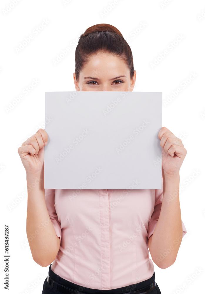 Business, woman and blank poster over face isolated on transparent, png background. Portrait of person with mockup paper sign for corporate announcement, contact us information or advertising space Business, woman and blank poster over face isolated on transparent, png background. Portrait of person with mockup paper sign for corporate announcement, contact us information or advertising space