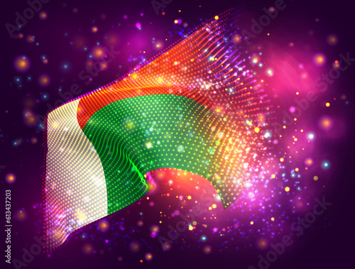 Madagascar, vector 3d flag on pink purple background with lighting and flares