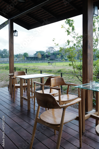 Natural landscape of rice paddy field with outdoor terrace patio