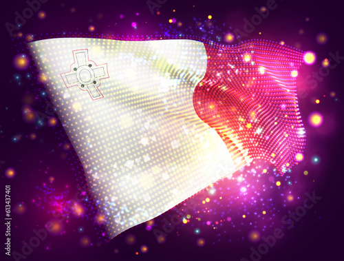 Malta, vector 3d flag on pink purple background with lighting and flares