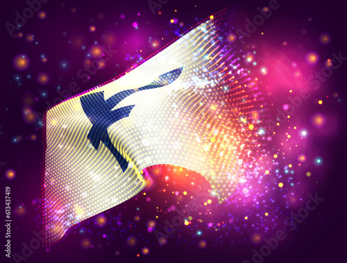 Yen, on vector 3d flag on pink purple background with lighting and flares