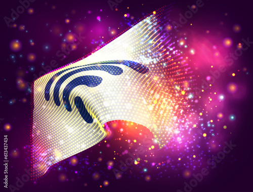 Wi-Fi, on vector 3d flag on pink purple background with lighting and flares