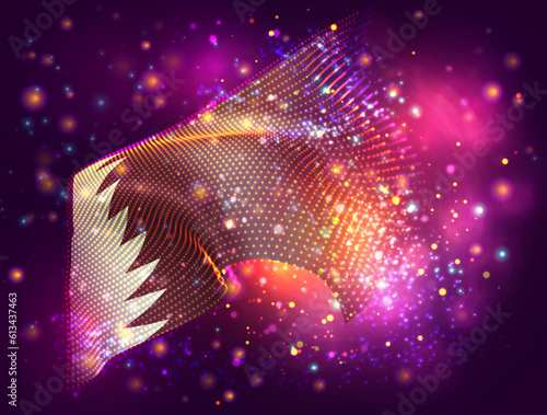 Qatar, vector 3d flag on pink purple background with lighting and flares