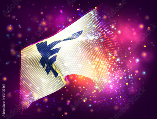 Yen, on vector 3d flag on pink purple background with lighting and flares